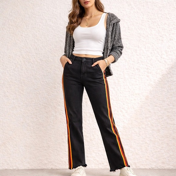 Pam & Gela Pants - Low Rise Lace Up Cargo Jeans Charcoal Denim Red Yellow Stripe Moto 24 Pam & Gela